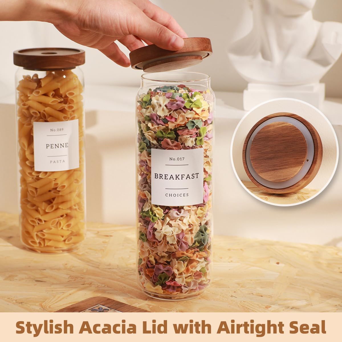 2 Pack Large Glass Flour and Sugar Storage Containers with Airtight Acacia Wood Lids and 132 Kitchen Pantey Labels Preprint - 1 Gallon Borosilicate Glass Canister Sets for Food,Pasta,Cookie,Rice