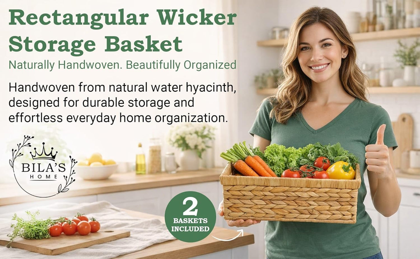 Water Hyacinth Storage Baskets – Handwoven Wicker Organizer with Built‑In Handles, Natural Decorative Basket for Shelves, Pantry, Bathroom, Bedroom