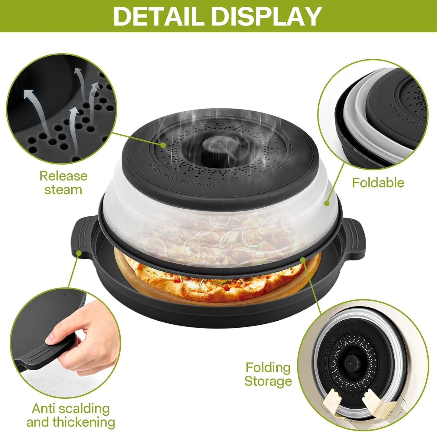 Microwave Splatter Cover for Food with Anti-scald Base Plate,Large Plastic & Silicone Vented Avoid Scalding Collapsible Guard Lid, Plate & Kitchen Colander for Meal Prep-10.7 Inch (2pcs-Gray-Black)