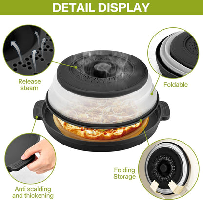 Microwave Splatter Cover for Food with Anti-scald Base Plate,Large Plastic & Silicone Vented Avoid Scalding Collapsible Guard Lid, Plate & Kitchen Colander for Meal Prep-10.7 Inch (2pcs-Gray-Black)