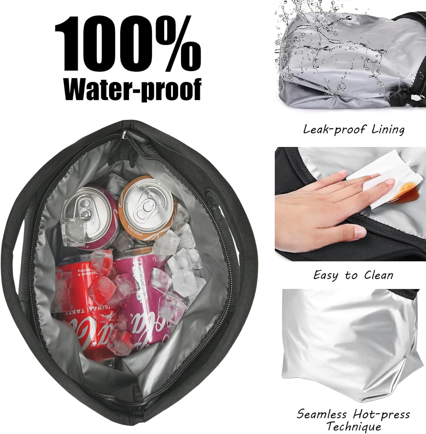 yookee home Waterproof Lunch Bag Double Layer Leakproof Neoprene Insulated Lunch Bag Freezable Black Reusable Thermal Lunch Cooler Tote Lunch Box for Boys Men Women Adult Kids for Work Outdoor