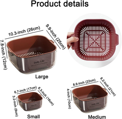 3 Pcs Set Double-Layer Plastic Colander, Large Capacity Food Strainers, Fruits Vegetable Washing Draining Basket, Detachable and Stackable Multi-Layer Strainer Bowl, Easy to Clean for Kitchen (Brown)