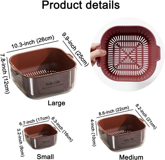 3 Pcs Set Double-Layer Plastic Colander, Large Capacity Food Strainers, Fruits Vegetable Washing Draining Basket, Detachable and Stackable Multi-Layer Strainer Bowl, Easy to Clean for Kitchen (Brown)