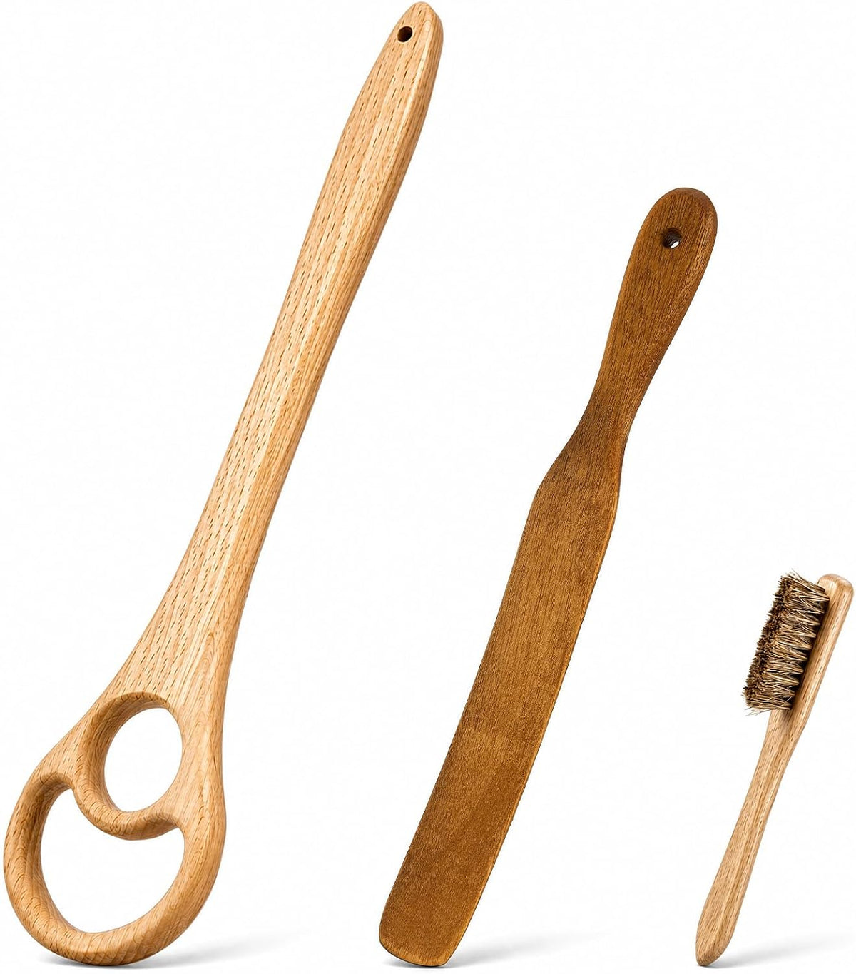 Wooden Danish Dough Whisk, Long Handle Teak Spurtle 3 Pack