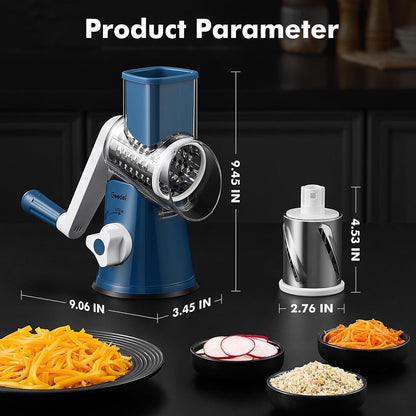 Geedel Rotary Cheese Grater, Kitchen Mandoline Vegetable Slicer with 3 Interchangeable Blades, Easy to Clean Rotary Grater Slicer for Cheese, Vegetables, Nuts