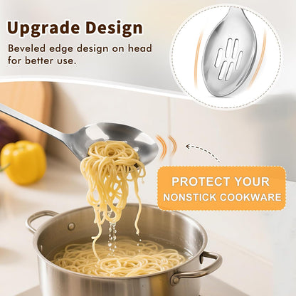 Stainless Steel Cooking Spoons Set, Solid & Slotted Metal Serving Spoons, Heavy Duty Sturdy Large Soup Ladle, High Heat Resistant Kitchen Cooking Utensils for Mixing, Stirring, Easy to Clean