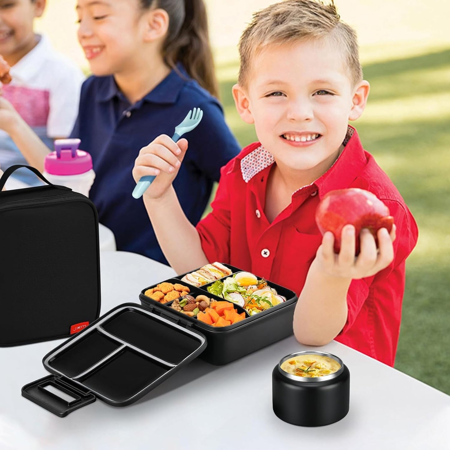JXXM Bento Lunch Box for Kids With 8oz Soup thermo,Leak-proof Lunch Containers with 5 Compartment,thermo Food Jar and Lunch Bag, Food Containers for School (A-Blue(Extreme Locomotive))