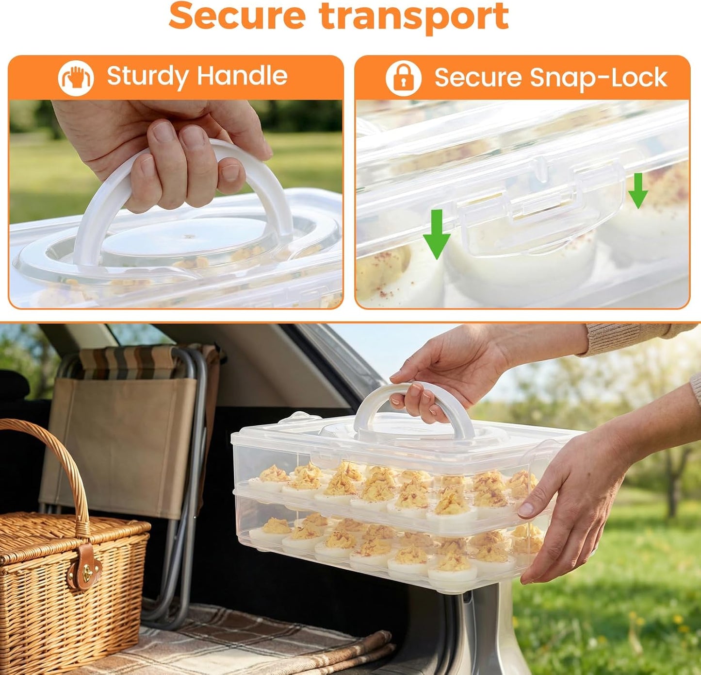 HANSGO Deviled Egg Containers with Lid, 2-Layer Plastic Detachable Deviled Egg Carrier for 48 Eggs, Clear Storage Tray for Refrigerator, Kitchen, Party, Travel, Family Gatherings, Easy to Transport