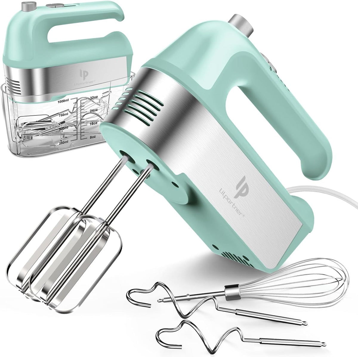 Hand Mixer Electric, 450W Kitchen Mixers with Scale Cup Storage Case, Turbo Boost/Self-Control Speed + 5 Speed + Eject Button + 5 Stainless Steel Accessories, For Easy Whipping Dough, Cream, Black
