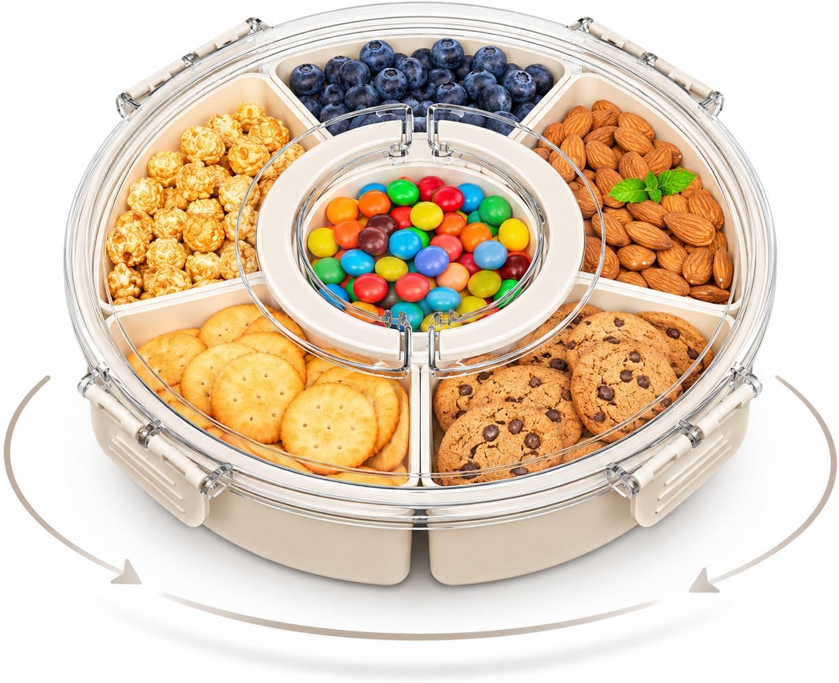Rotating Snackle Box Container with Clear Snap-On Lid, 11" Divided Serving Tray with 6 Removable Compartments for Charcuterie, Veggie Platter & Taco Bar - 360° Lazy Susan Snack Spinner