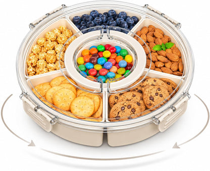 Rotating Snackle Box Container with Clear Snap-On Lid, 11" Divided Serving Tray with 6 Removable Compartments for Charcuterie, Veggie Platter & Taco Bar - 360° Lazy Susan Snack Spinner
