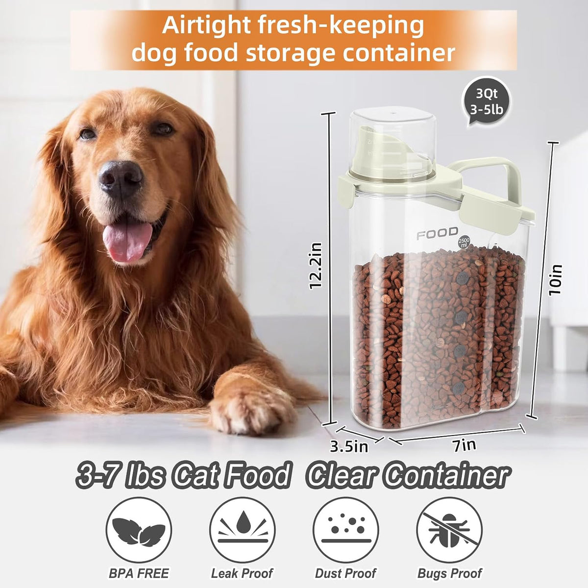 3-5Lbs Small Cat and Dog Food Storage Container BPA Free, Airtight Pet Food Storage Containers with Large Pour Spout/1 Measuring Cup/ 3 Safety Locks and Double-Layer Silicone Strip（Beige 1Pack）