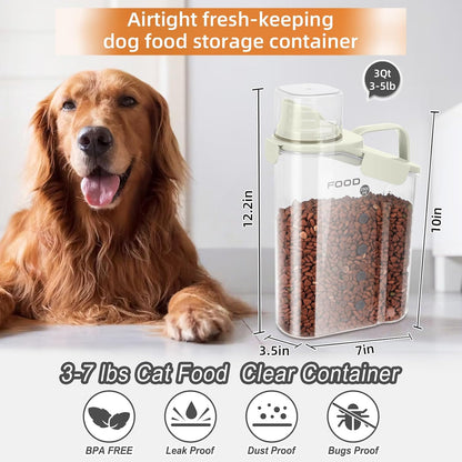 3-5Lbs Small Cat and Dog Food Storage Container BPA Free, Airtight Pet Food Storage Containers with Large Pour Spout/1 Measuring Cup/ 3 Safety Locks and Double-Layer Silicone Strip（Beige 1Pack）
