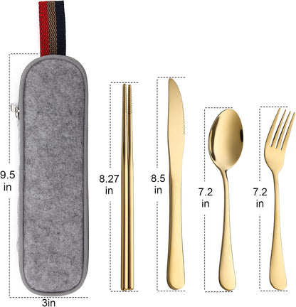 DEVICO Camping Utensils, Full-Size Reusable Silverware for Lunch Adult, Stainless Steel Travel Cutlery Set with Case, Portable Fork Spoon Knife Set for Work, Flatware with Chopsticks (Rainbow)