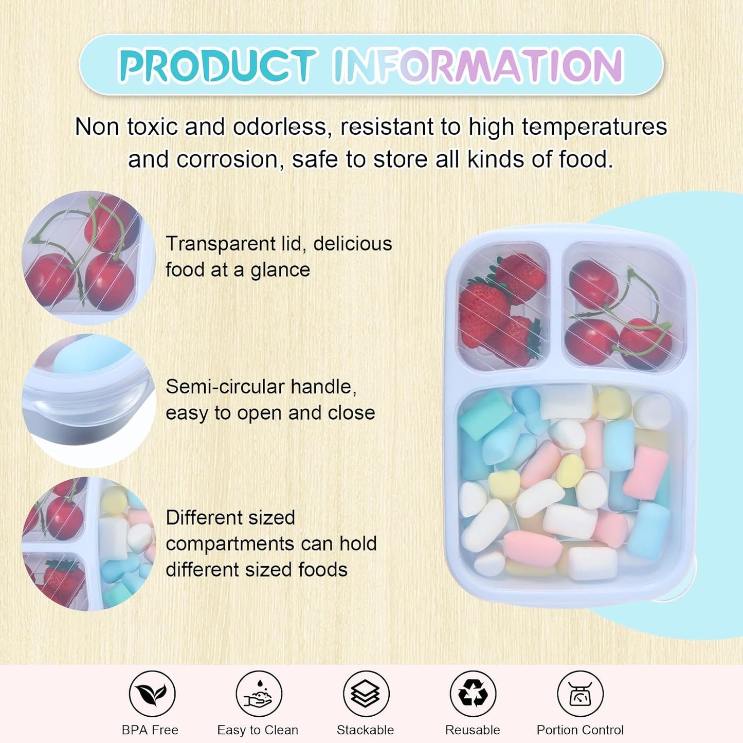Honeydak 5 Pack Snack Containers 3 Compartment Bento Snack Boxes Divided Meal Prep Containers with Lids Reusable Adults Lunch Food Storage Box for School Work Travel(Elderberry)