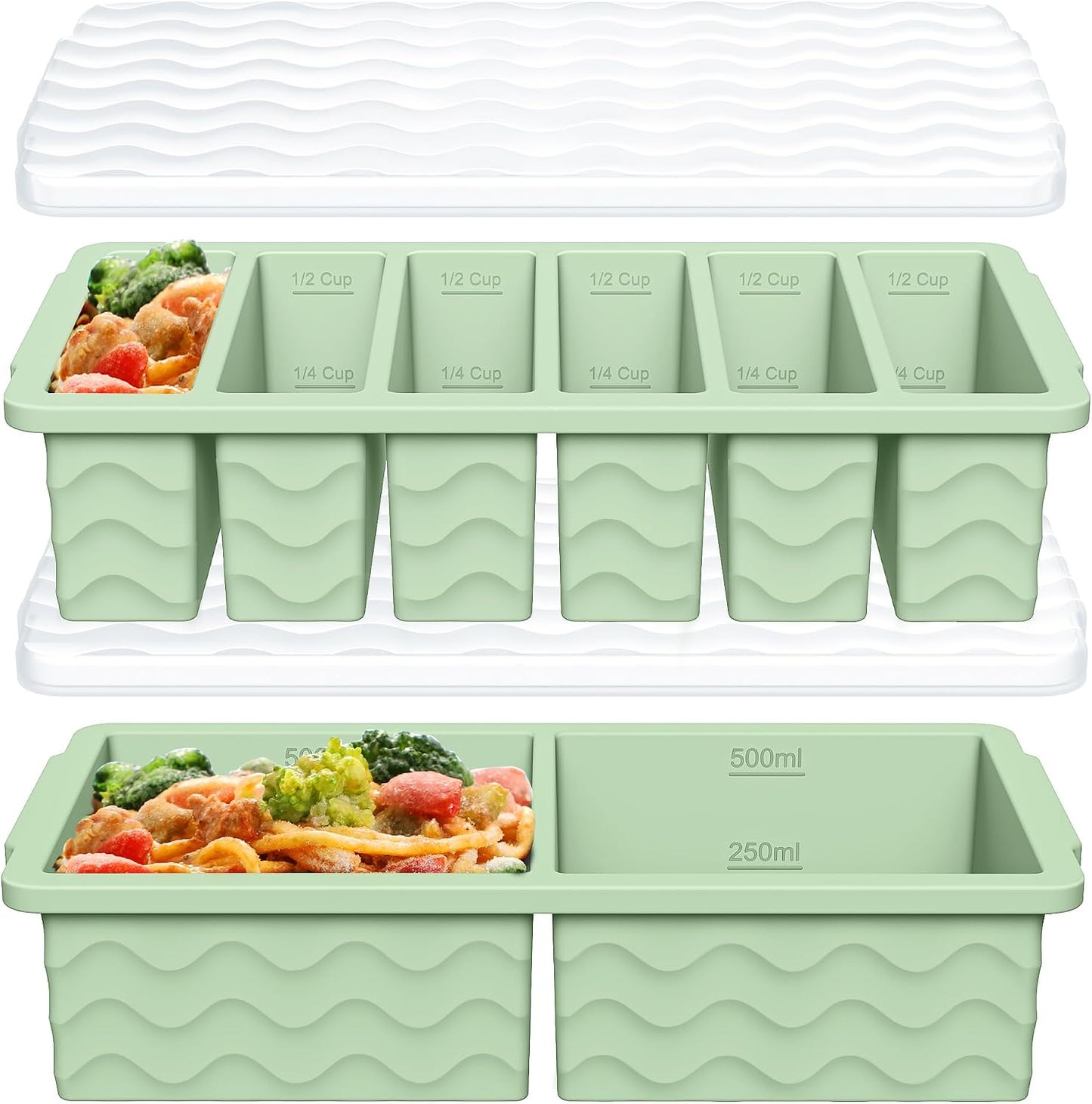 4-Pack Silicone Freezer Trays with Lid,2*【2 Large 2-Cup(500ml)&6 Small 1/2-Cup(125ml)】Soup Freezer Container Molds,Ice Cube Tray For Meal Prep&Freezing Soup,Stews,Sauces,Oven&Dishwasher-Safe
