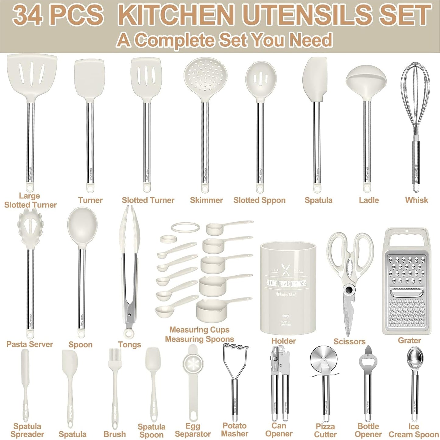 Kitchen Utensils Set- Umite Chef 34 PCs Cooking Utensils with Grater, Spoon Spatula, Heat Resistant Food Grade Silicone, Stainless Steel Handles Kitchen Gadgets Tools Set for Nonstick Cookware(Red)