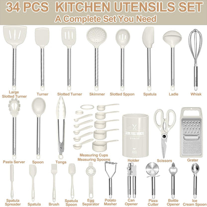 Kitchen Utensils Set- Umite Chef 34 PCs Cooking Utensils with Grater, Spoon Spatula, Heat Resistant Food Grade Silicone, Stainless Steel Handles Kitchen Gadgets Tools Set for Nonstick Cookware(Red)