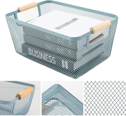 AJIODA Metal Mesh Steel Basket, Large Wire Storage Organizer Basket Multi-function Hanging Kitchen Baskets with Wood Handle for Kitchen Bathroom Picnic Home, Rectangle-Off White