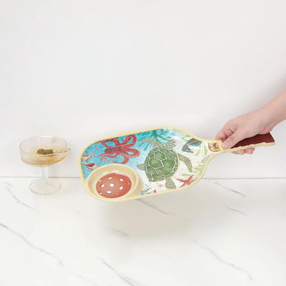 UPware Flamingo Melamine Chip and Dip Snack Tray, Tropical Floral Pickleball Paddle Shape Platter for Chips, Salsa, Fruits, and Appetizers, 15.75 x 8 Inch