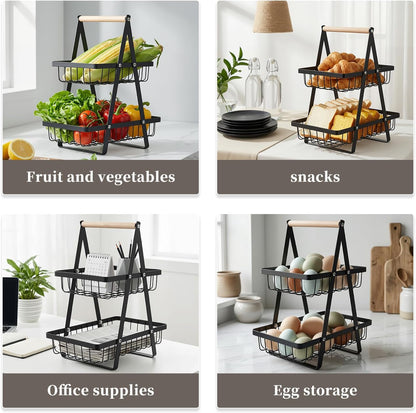 Detachable 2 Tier Fruit Basket for Kitchen Counter, Stainless Steel | Suitable for sorting produce, bread, and snacks in black rectangular baskets with a wooden carry handle for easier access