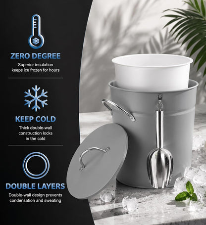3Qt Black Galvanized Ice Bucket with Lid, Scoop & Handles - Ideal for Cocktails, Parties, BBQs, Wine & Champagne. Double-Layer Insulated Outer & Galvanized Inner Layer, Perfect for Home & Outdoor Use