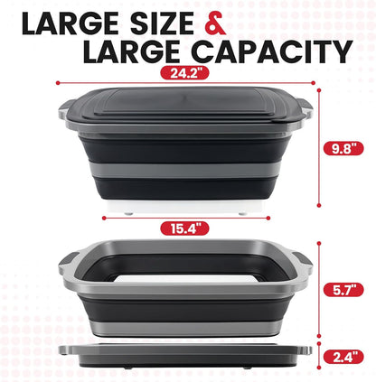 BBQ Prep Tub 3-IN-1 Large 16L Collapsible Cutting Board with Locking Lid for Meal Prep Marinating Food, Camping Sink with Colander, Dish Basin, Storage Blanket for Camping Picnic BBQ, Black