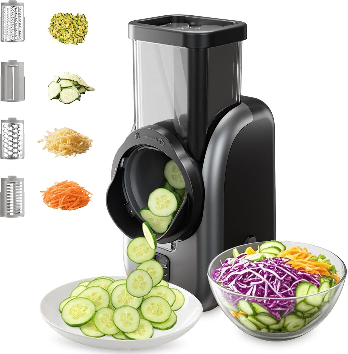 Electric Vegetable Slicer and Cheese Grater, Multifunctional Rotary Cutter with 4 Stainless Steel Blades for Potatoes Carrots Cucumbers Fruits Salad etc.