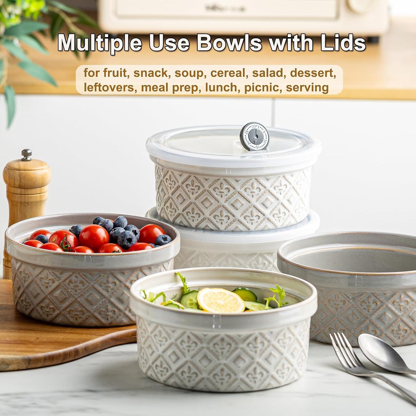 Airtight Food Storage Containers with Lids Mixing Bowls Set, Ceramic Serving Bowls with Lids Set of 4, 12/16/28/40 oz Stackable Nesting Salad Bowls for Cooking, Baking, Ramen - Beige