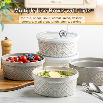Airtight Food Storage Containers with Lids Mixing Bowls Set, Ceramic Serving Bowls with Lids Set of 4, 12/16/28/40 oz Stackable Nesting Salad Bowls for Cooking, Baking, Ramen - Beige
