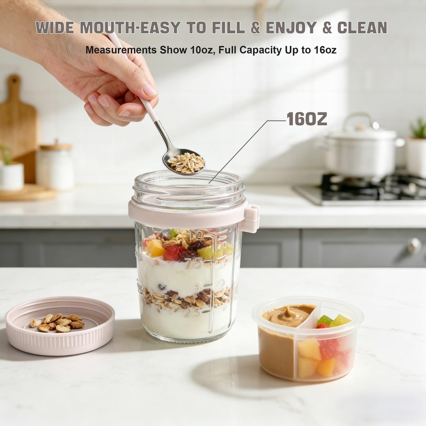 Overnight Oats Containers with Lids and Spoons - 4 Pack 16 oz Glass Mason Jars with Separate Compartments Airtight Overnight Oat Jars Leakproof Yogurt Parfait Cup for Oatmeal Chia Pudding Cereal Salad