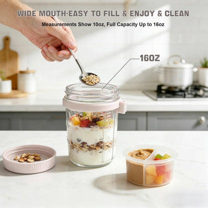 Overnight Oats Containers with Lids and Spoons - 4 Pack 16 oz Glass Mason Jars with Separate Compartments Airtight Overnight Oat Jars Leakproof Yogurt Parfait Cup for Oatmeal Chia Pudding Cereal Salad