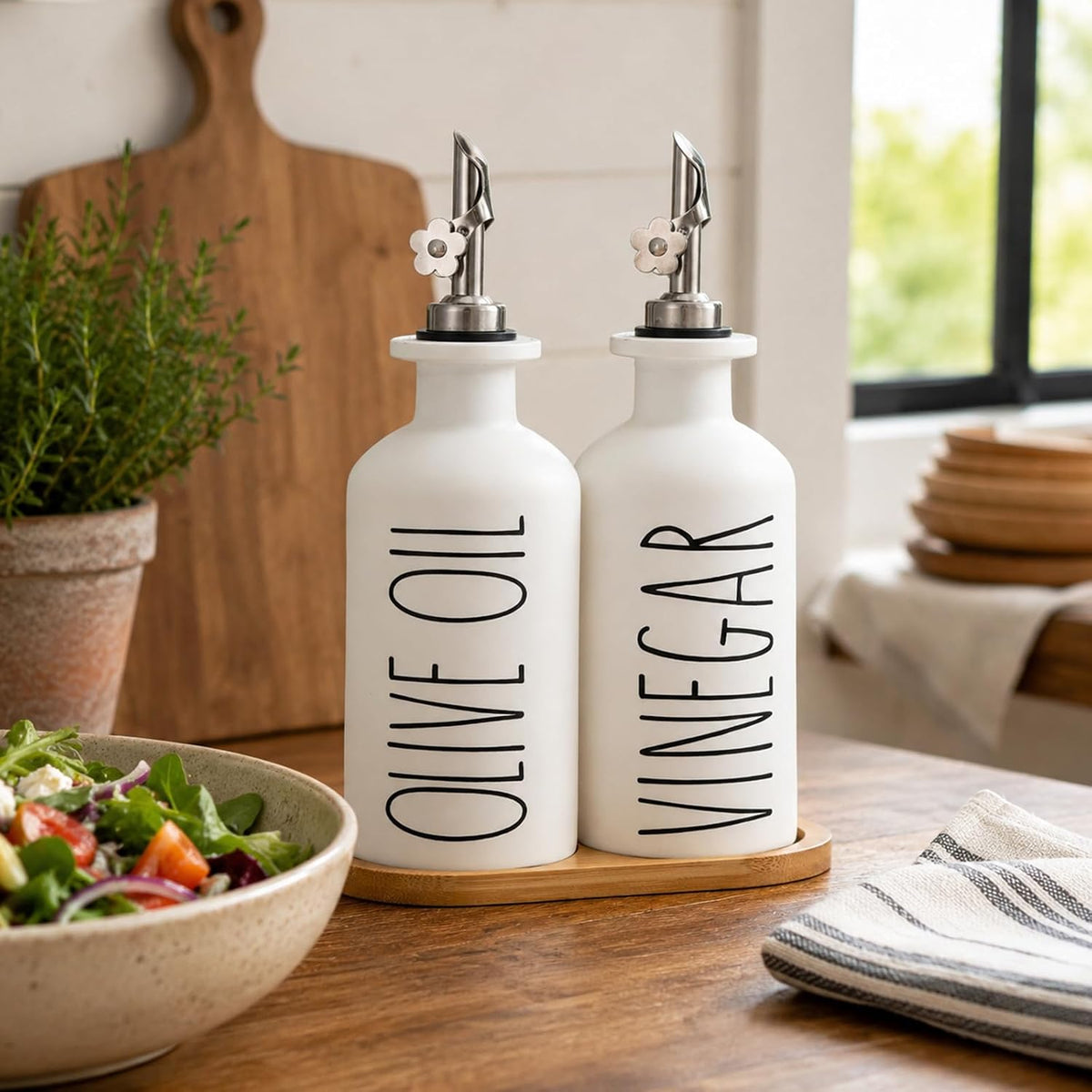 HOMCDALY Premium Olive Oil Dispenser for Kitchen, 11.8oz Glass Oil Bottles with Bamboo Tray, White Oil&Vinegar Cruet Set, Kitchen Dispenser Bottles with Pourer| Set of 2 (11.8oz –P–White)