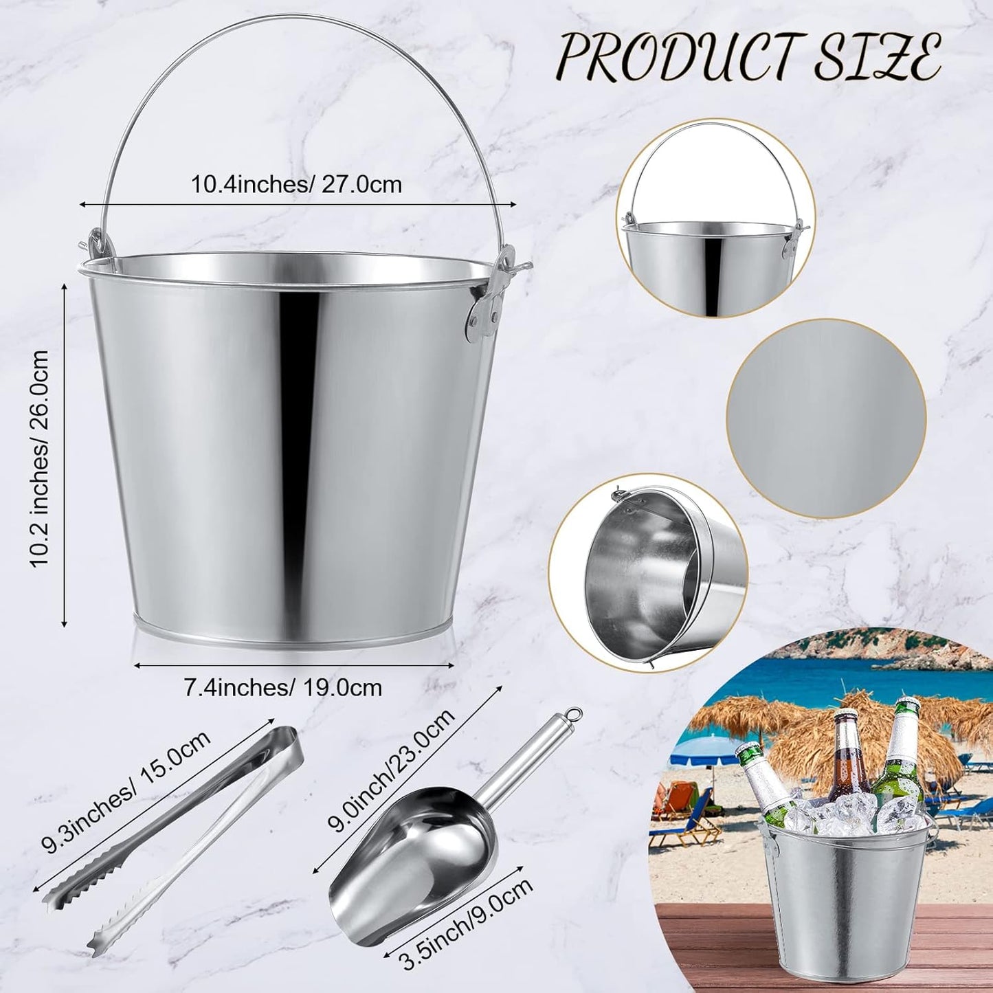 Mumufy 12 Pcs 10l Large Metal Beer Bucket Set, 8 Galvanized Metal Ice Bucket with 2 Ice Shovels and 2 Tongs, Sliver Tin with Handle for Summer Pool Wedding Party Supplies Wine Champagne Bar