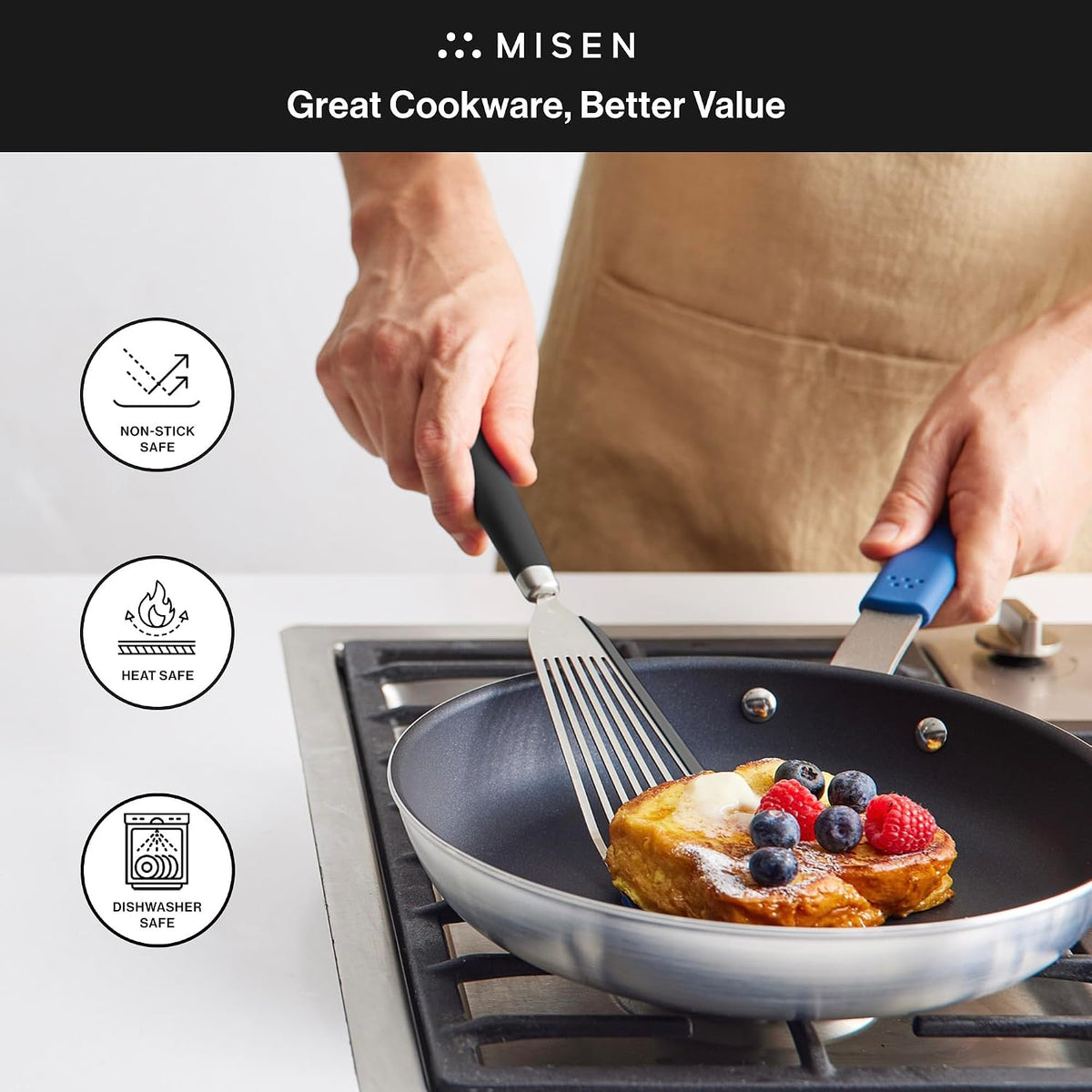 Misen Fish Stainless Steel Spatula - Slotted Turner for Cooking - Perfect for Frying - Heat Resistant - Dishwasher Safe -1mm Thick Flexible Flipper - Soft Silicone Grip Handle for Easy Use