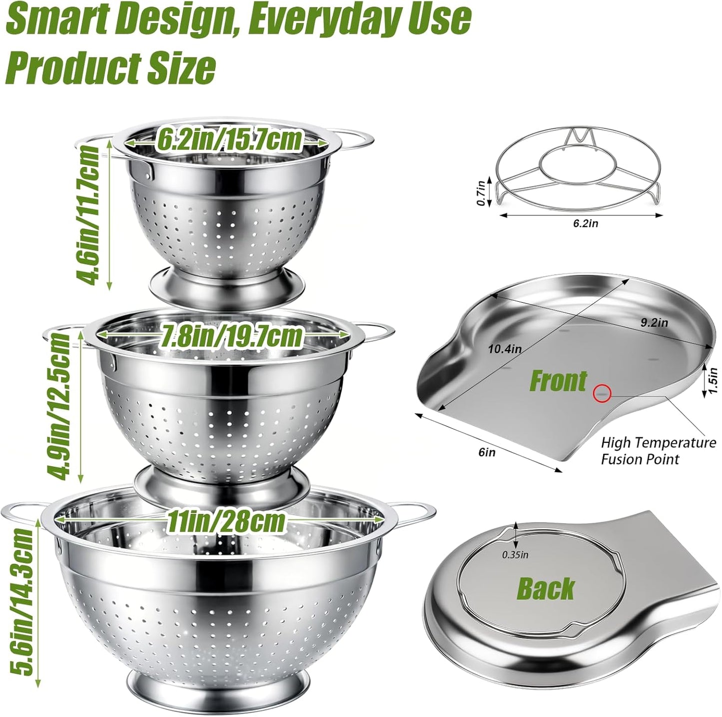 Palksky Stainless Steel Colander Set with Self-Draining Base, 3 Sizes Colanders & Food Strainers for Pasta, Rice, Fruits & Veggies, Metal Colander with Draining Plate for Sink or Countertop