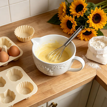 Gaolinci Sunflower Embossed Ceramic Mixing Bowl, 1 Quart Batter Bowl, with Pouring Spout and Handle
