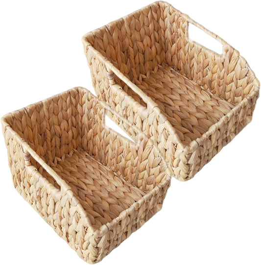 Pantry Basket, 2Pcs Woven Basket, Water Hyacinth Wicker Storage with Build-in Handle Rustic Pantry Baskets Organizer for Kitchen Shelves Organizing