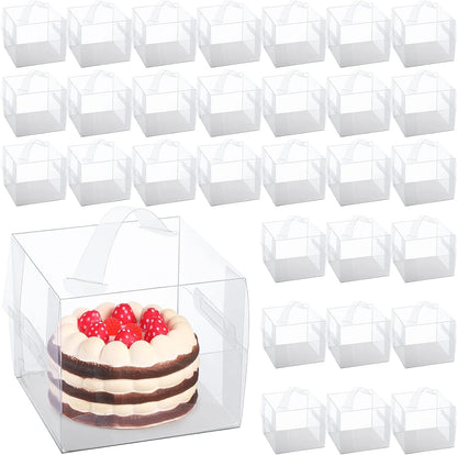 32 Pcs 6x6x5inch Clear Cake Box with Handles Transparent Bakery Boxes Mini Cupcake Carrier with Lid Plastic Gift Containers for Cake Chocolate Dessert Birthday Wedding Christmas Party Favors