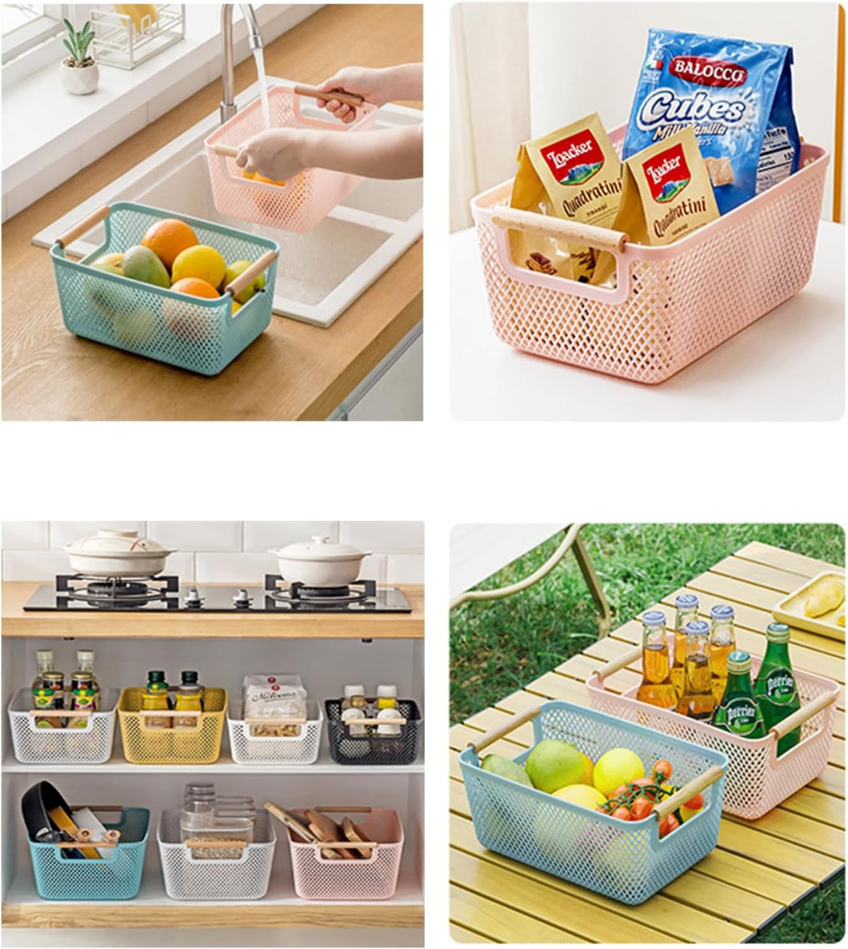 AJIODA Metal Mesh Steel Basket, Large Wire Storage Organizer Basket Multi-function Hanging Kitchen Baskets with Wood Handle for Kitchen Bathroom Picnic Home, Rectangle-Off White