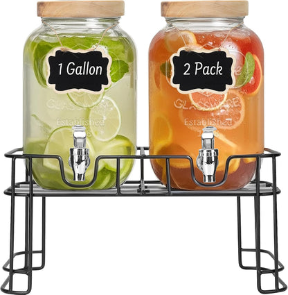 DHSBTLS 2 Gallon Glass Drink Dispensers, 1 Pack Clear Beverage Dispenser for Party, BBQ and Picnic, Juice Dispenser with Ice Core, Black Stand, Spigot, Markers and Chalkboard