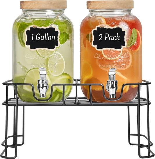 DHSBTLS 2 Gallon Glass Drink Dispensers, 1 Pack Clear Beverage Dispenser for Party, BBQ and Picnic, Juice Dispenser with Ice Core, Black Stand, Spigot, Markers and Chalkboard