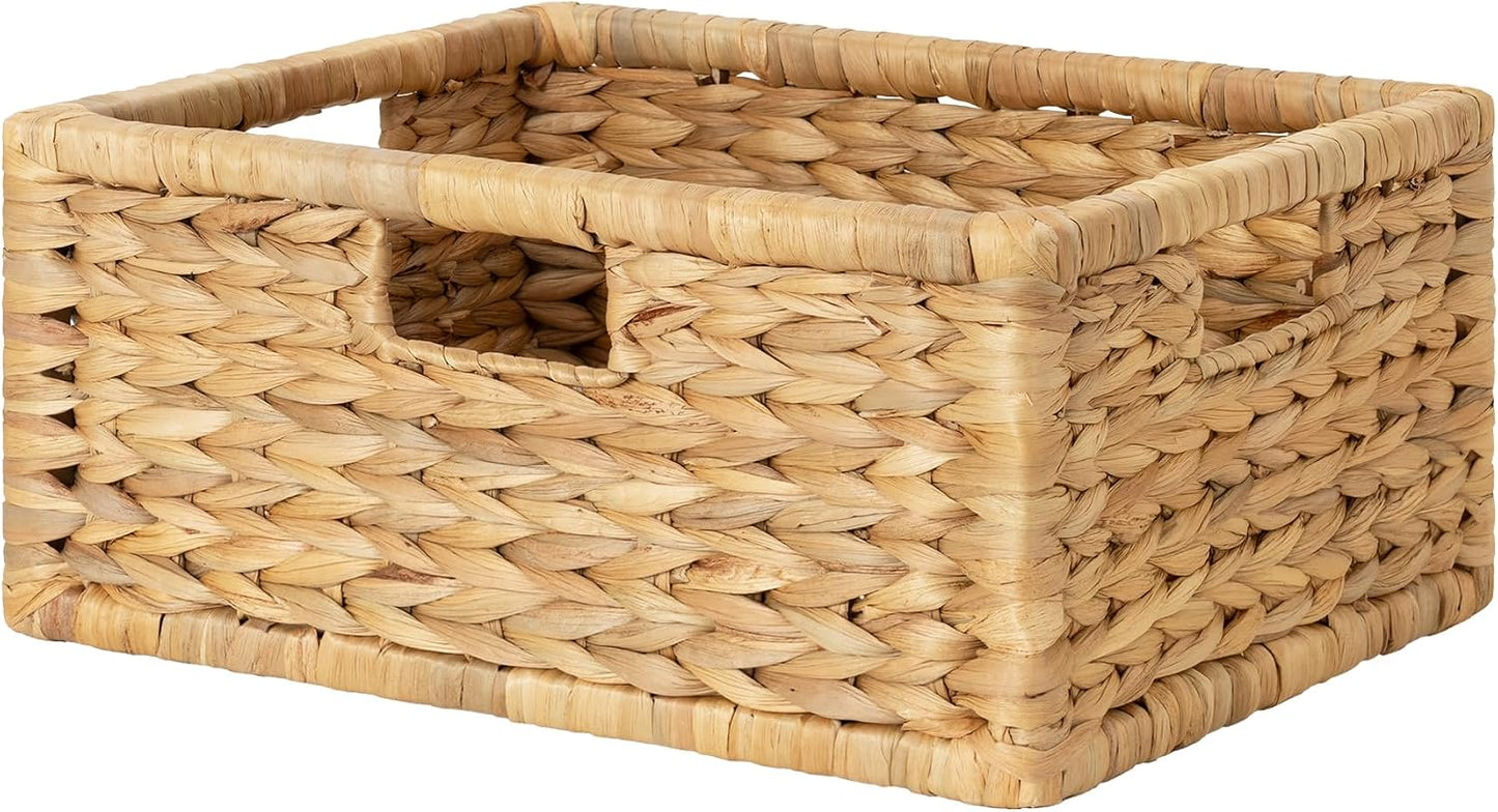 StorageWorks Wicker Basket for Organizing, Pantry Organizer with Wooden Frame, Water Hyacinth Storage Basket for Shelves