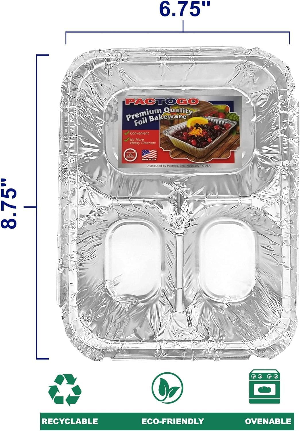 PACTOGO Aluminum Foil 3-Compartment TV Dinner Trays with Board Lid - 8x6 Disposable Tin Foil Pans for Baking, Meal Prep and Freezer, Takeout, Leftovers (Pack of 10 Sets)