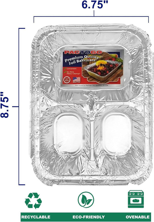 PACTOGO Aluminum Foil 3-Compartment TV Dinner Trays with Board Lid - 8x6 Disposable Tin Foil Pans for Baking, Meal Prep and Freezer, Takeout, Leftovers (Pack of 10 Sets)