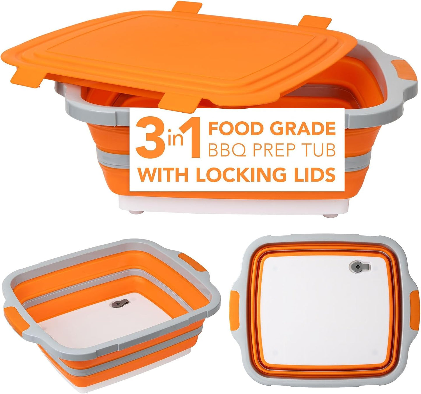 EJKJ Collapsible Cutting Board & Grill Caddy with Lid – Multifunctional Silicone Dish Tub & Food Prep Station for BBQ, Camping, Tailgates, Picnics & Veggie Washing