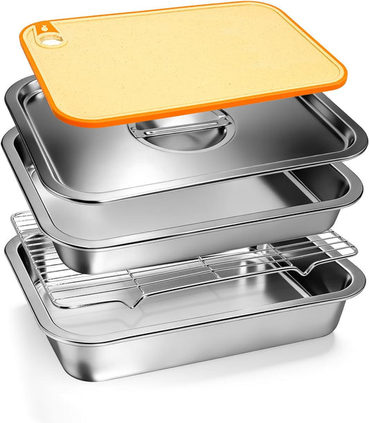 5 in 1 Grill Prep Tray and Carry System, Large Grilling Prep and Serve Trays with Lid and Cutting Board, Deep Meat Marinating Container as BBQ Grilling Gift, Home Series, L