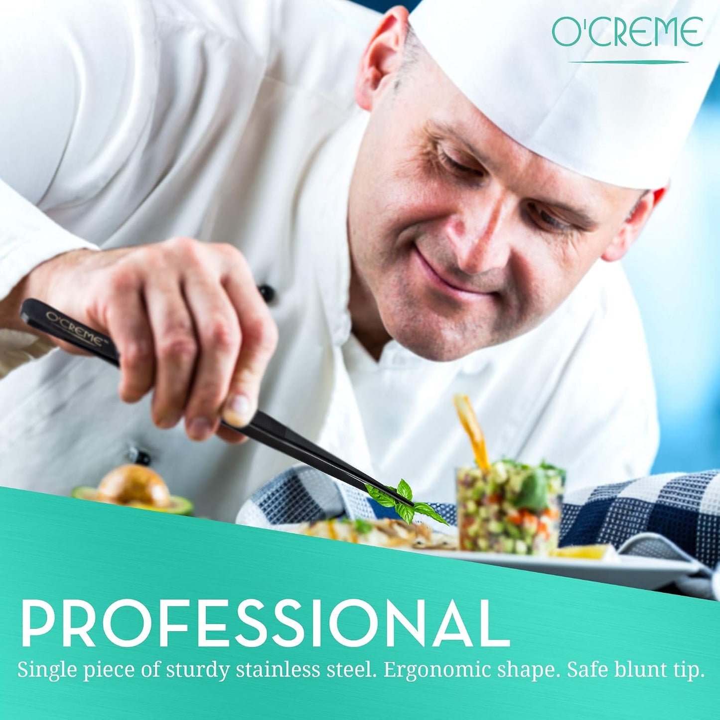 O'Creme Stainless Steel Precision Kitchen Tweezer Tongs with Serrated Tips for Gripping (10" Curved, Silver)