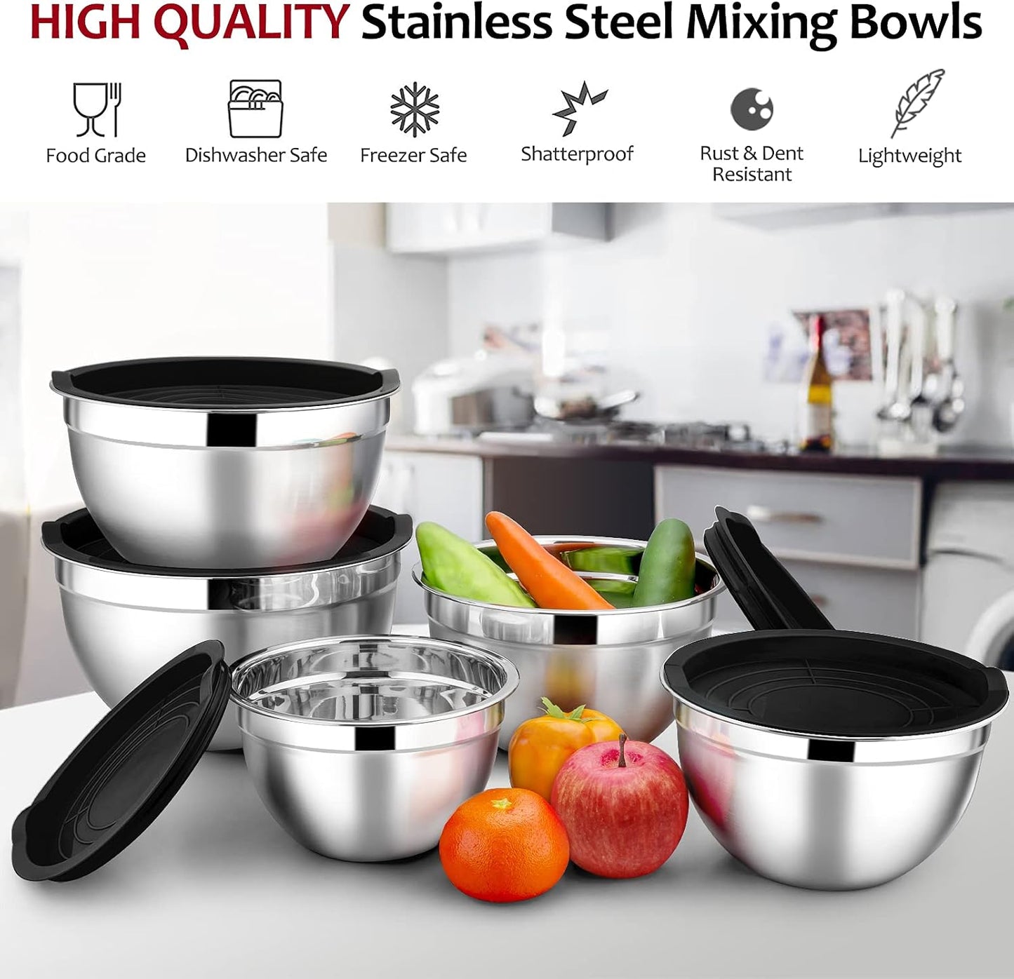 E-far Mixing Bowls with Lids Set of 5, Stainless Steel Mixing Bowls Metal Nesting Bowls with Airtight Lids, Non-toxic & Dishwasher Safe, Great for Cooking, Baking, Serving - Size 0.7/1/1.5/3/4.6QT