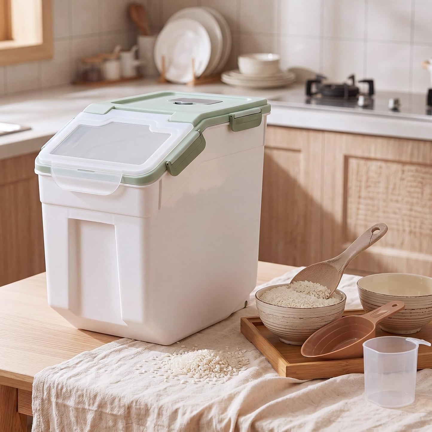Umigy 4 Pcs 55lbs Large Dog Food Storage Container Rice Flour Bin Plastic Boxes with Measuring Cup Airtight Flour Grain Cereal Sugar Storage Container with Locking Lid and Wheels